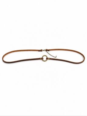 Leather Skinny Belt w/ Brass Tone O-Ring Adjustable Chain Brown